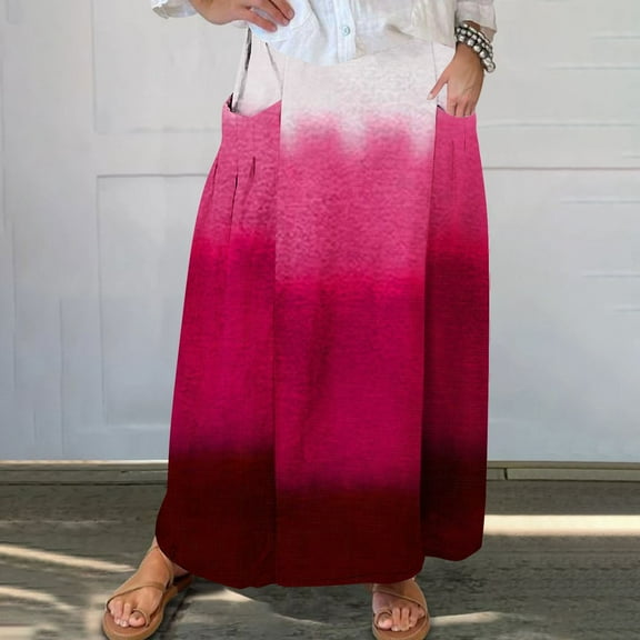 WXLWZYWL Women's Linen Maxi Skirt with Pockets - Floral Print Casual Elastic Waistband Flared Long Skirt 2024 Fall Fashion