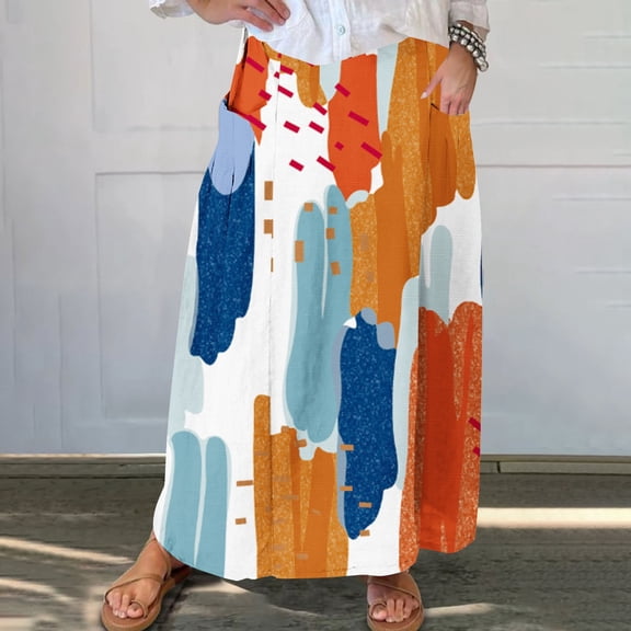 WXLWZYWL Women's Linen Maxi Skirt with Pockets - Floral Print Casual Elastic Waistband Flared Long Skirt 2024 Fall Fashion