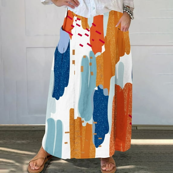 WXLWZYWL Women's Linen Maxi Skirt with Pockets - Floral Print Casual Elastic Waistband Flared Long Skirt 2024 Fall Fashion