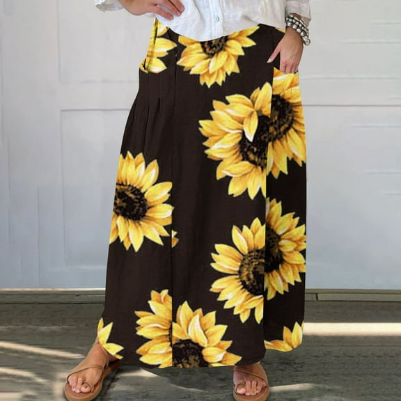 WXLWZYWL Women's Linen Maxi Skirt with Pockets - Floral Print Casual Elastic Waistband Flared Long Skirt 2024 Fall Fashion