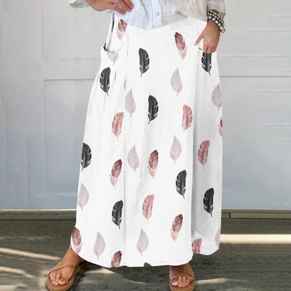 WXLWZYWL Women's Linen Maxi Skirt with Pockets - Floral Print Casual Elastic Waistband Flared Long Skirt 2024 Fall Fashion