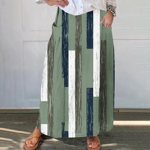 WXLWZYWL Women's Linen Maxi Skirt with Pockets - Floral Print Casual Elastic Waistband Flared Long Skirt 2024 Fall Fashion