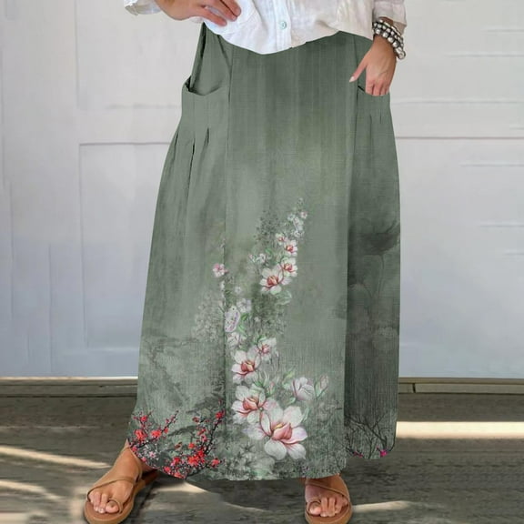 WXLWZYWL Women's Linen Maxi Skirt with Pockets - Floral Print Casual Elastic Waistband Flared Long Skirt 2024 Fall Fashion
