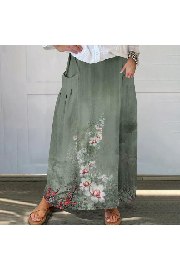 Women's Linen Maxi Skirt with Pockets - Floral Print Casual Elastic Waistband Flared Long Skirt 2024 Fall Fashion