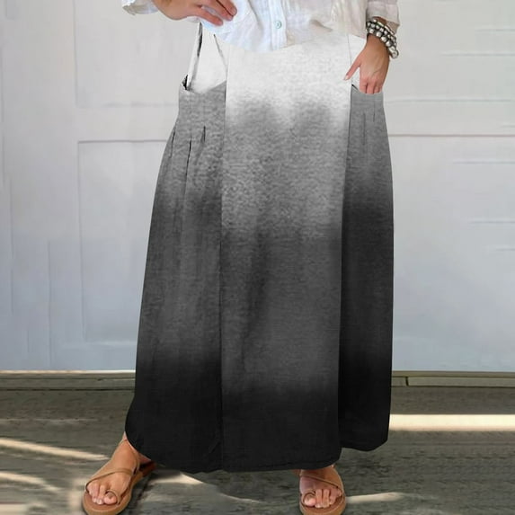 WXLWZYWL Women's Linen Maxi Skirt with Pockets - Floral Print Casual Elastic Waistband Flared Long Skirt 2024 Fall Fashion