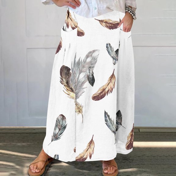 WXLWZYWL Women's Linen Maxi Skirt with Pockets - Floral Print Casual Elastic Waistband Flared Long Skirt 2024 Fall Fashion