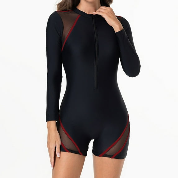WXLWZYWL Women's Long Sleeve Rash Guard Swimsuits Zipper One Piece Athletic Surfing Bathing Suits Tummy Control Swimwear