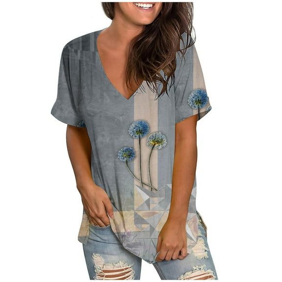 WXLWZYWL Women's Loose Tops Crewneck Print Tees Short Sleeve T Shirt Blouse Loose Tops Gray
