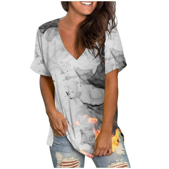 WXLWZYWL Women's Loose Tops Crewneck Print Tees Short Sleeve T Shirt Blouse Loose Tops Gray