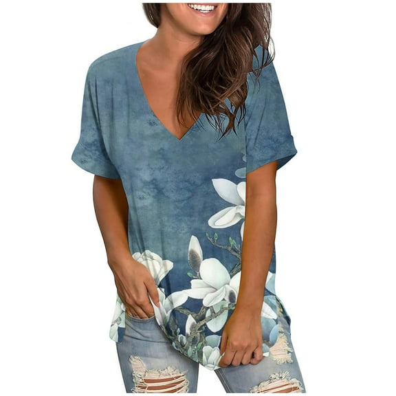 WXLWZYWL Women's Loose Tops Crewneck Print Tees Short Sleeve T Shirt Blouse Loose Tops Navy