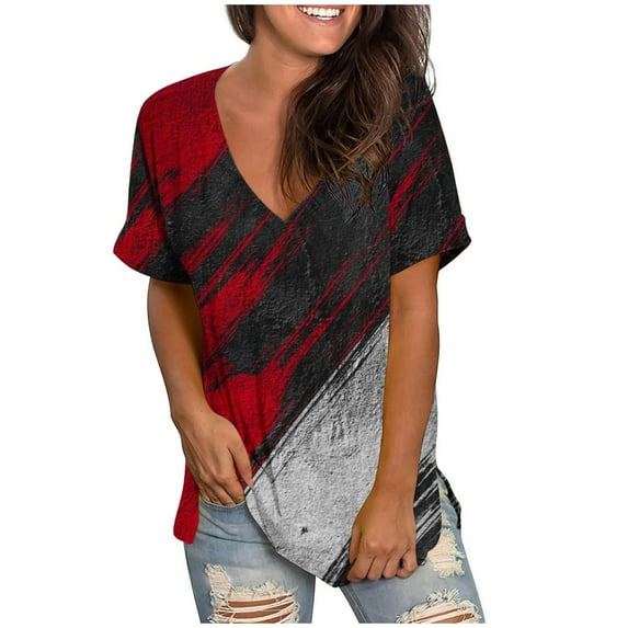 WXLWZYWL Women's Loose Tops Crewneck Print Tees Short Sleeve T Shirt Blouse Loose Tops Red