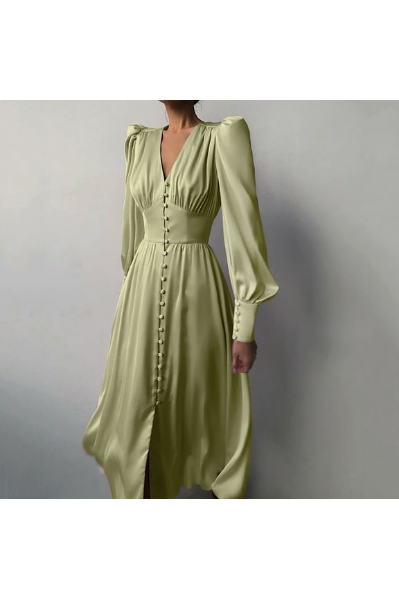 Women's Maxi Dress Satin Long Sleeve Maxi Dress Puffy Shoulder Lantern Sleeve V Neck Button Down Flowy Party Gown