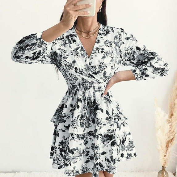 WXLWZYWL Women's Midi Dresses with Long Sleeves Deep V-Neck Causal Knee Length Dress Layered Pleated Ruffle Hem Shivering Print Dress