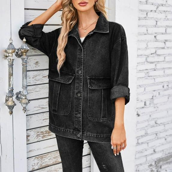 WXLWZYWL Women's Oversized Denim Jackets Plus Size Button Down Shirt Casual Summer Fall Jean Half Sleeve Blouse Tops