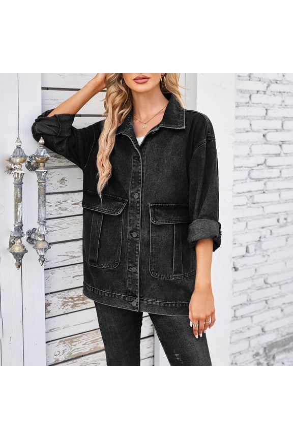 Women's Oversized Denim Jackets Plus Size Button Down Shirt Casual Summer Fall Jean Half Sleeve Blouse Tops
