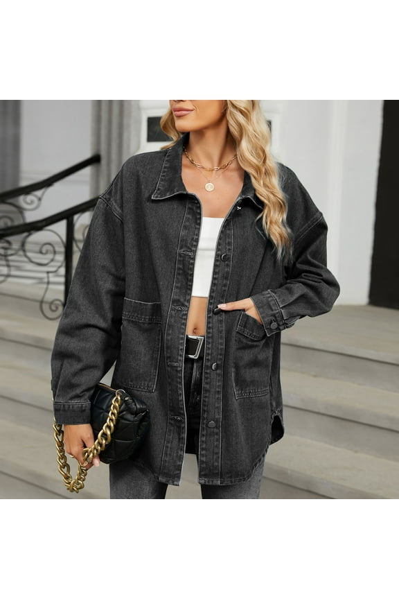 Women's Oversized Denim Jackets Plus Size Button Down Shirt Casual Summer Fall Jean Half Sleeve Blouse Tops