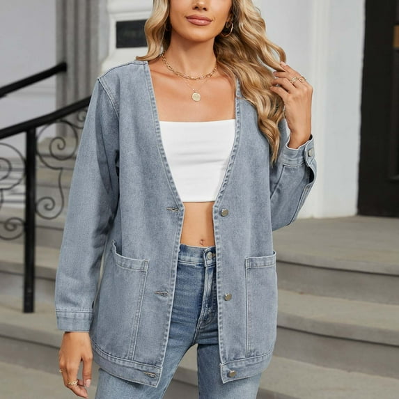 WXLWZYWL Women's Oversized Denim Jackets Plus Size Button Down Shirt Casual Summer Fall Jean Half Sleeve Blouse Tops