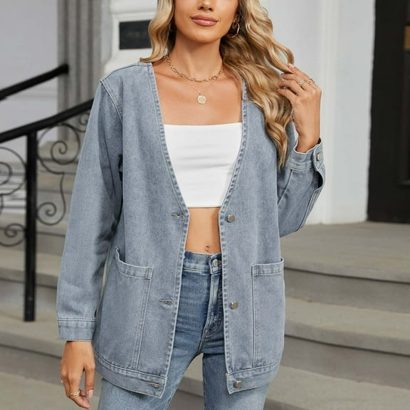 WXLWZYWL Women's Oversized Denim Jackets Plus Size Button Down Shirt Casual Summer Fall Jean Half Sleeve Blouse Tops