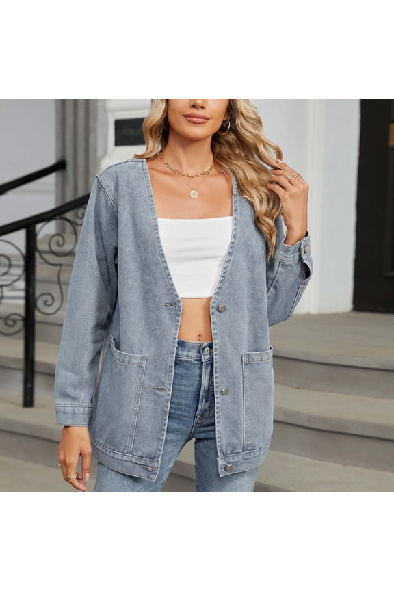 Women's Oversized Denim Jackets Plus Size Button Down Shirt Casual Summer Fall Jean Half Sleeve Blouse Tops
