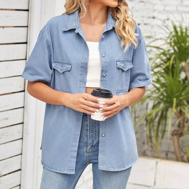 WXLWZYWL Women's Oversized Denim Jackets Plus Size Button Down Shirt Casual Summer Fall Jean Half Sleeve Blouse Tops
