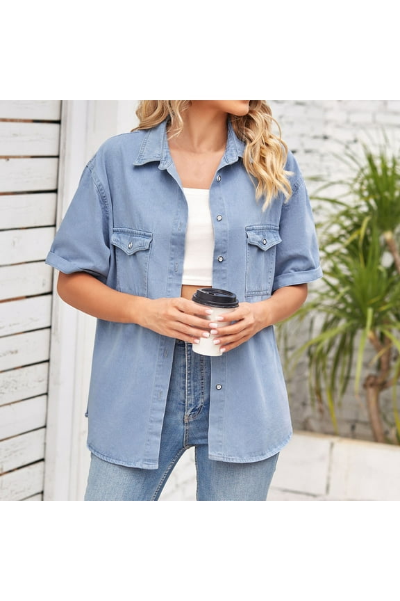 Women's Oversized Denim Jackets Plus Size Button Down Shirt Casual Summer Fall Jean Half Sleeve Blouse Tops