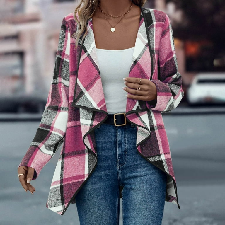 WXLWZYWL Women's Plaid Cardigan Open Front Waterfall Long Sleeve