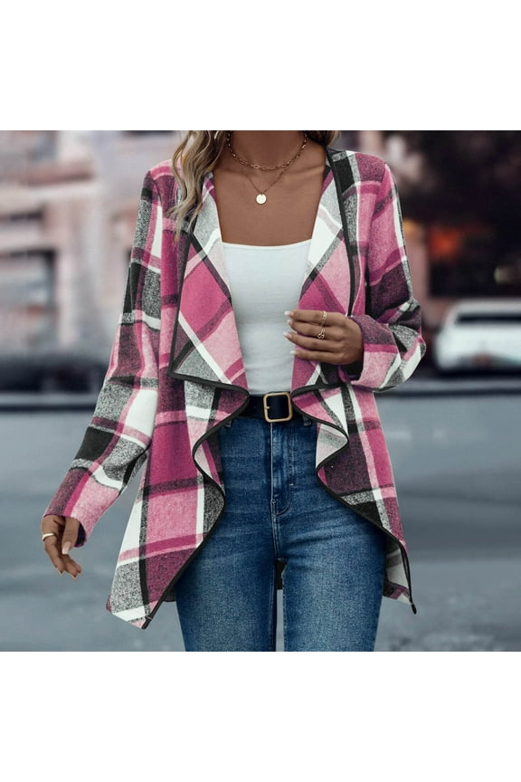 Women's Plaid Cardigan Open Front Waterfall Long Sleeve Collar Jacket Cardigan Winter Coat Asymmetrical Hem Belted Coat Outerwear