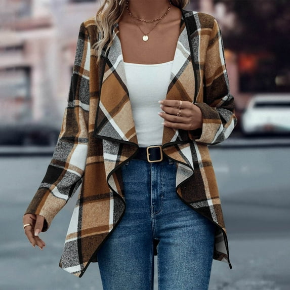 WXLWZYWL Women's Plaid Cardigan Open Front Waterfall Long Sleeve Collar Jacket Cardigan Winter Coat Asymmetrical Hem Belted Coat Outerwear