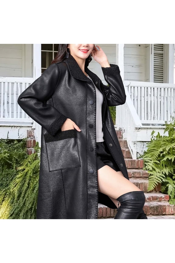 Women's Plus Size Long Faux Shearling Leather Coat Winter Fur Collar Loose Fit Jacket with Wool Lining