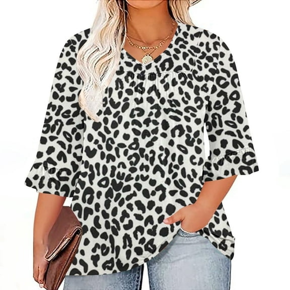 WXLWZYWL Women's Plus Size Top 3/4 Sleeve Ruffled Sleeve Shirt Casual Loose Pleated V-Neck T-Shirt Soft Comfy Solid Tunic Blouse