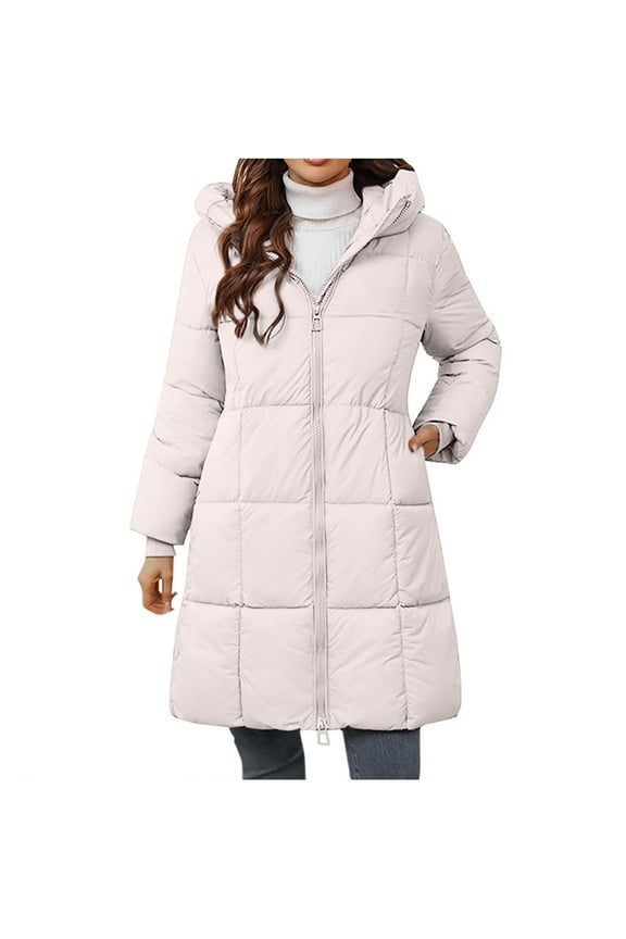 Women's Puffer Jacket Packable Maxi Midweight Zipper Front Detachable Hood Long Chevron Quilted Outerwear Jacket