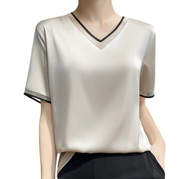 WXLWZYWL Women's Satin Top Short Sleeve Business Office Work Blouses Dressy Casual Loose Fitted Crewneck Shirt Summer Tee