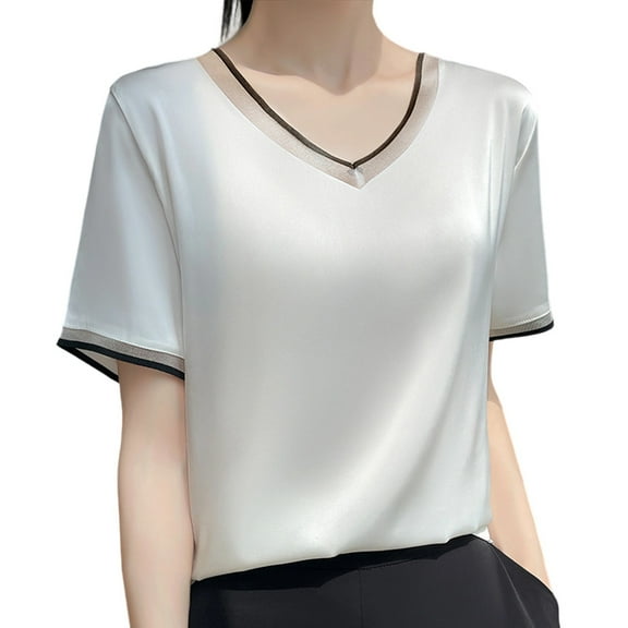 WXLWZYWL Women's Satin Top Short Sleeve Business Office Work Blouses Dressy Casual Loose Fitted Crewneck Shirt Summer Tee