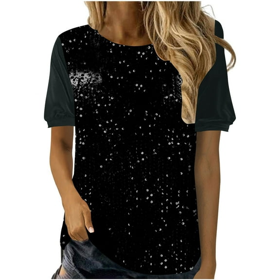 WXLWZYWL Women's Sequin Tops Short Sleeve Glitter Sparkly Party Blouse Velour V-Neck Dressy Tops for Evening Party