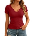 thumbnail image 1 of WXLWZYWL Women's Solid T Shirt Notch V Neck Short Sleeve Basic Ribbed Top Fitted Comfortable Pullove, 1 of 4