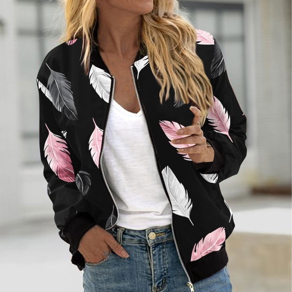 WXLWZYWL Women's Spring Fall Zip Up Jacket Fashion Random Print Casual Lightweight Coat without Hood