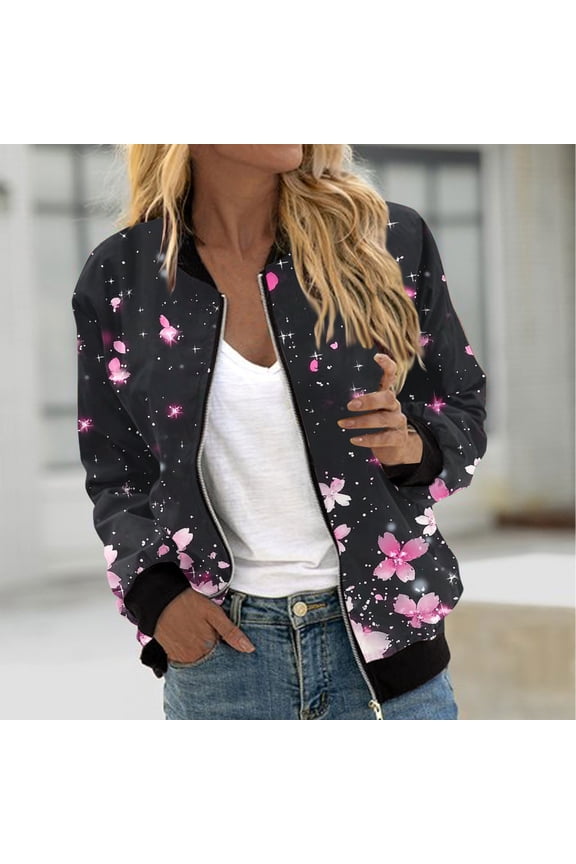 Women's Spring Fall Zip Up Jacket Fashion Random Print Casual Lightweight Coat without Hood