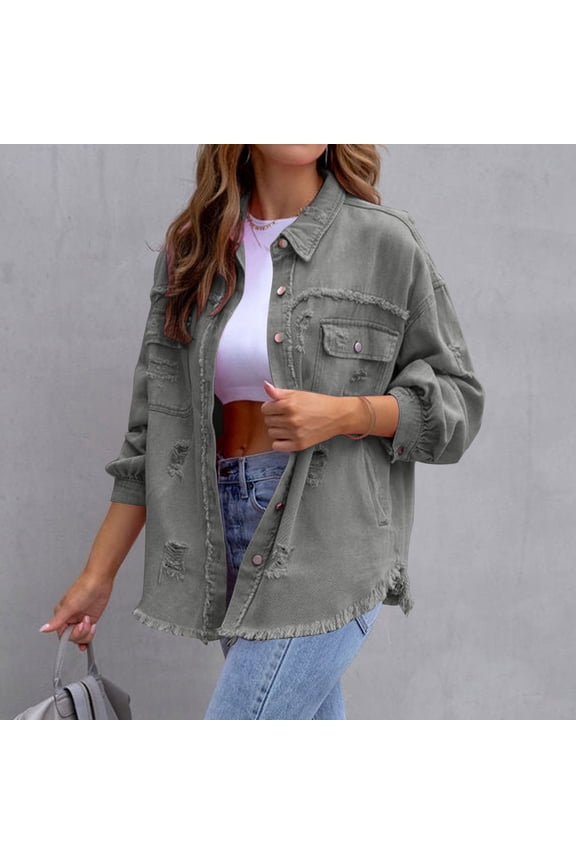 Women's Spring Summer Solid Denim Jacket Frayed Edges Ripped Long Sleeve Lapel Fashion Coat with Buttons