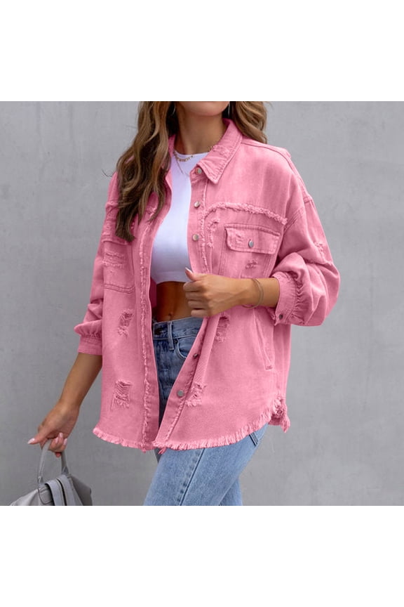 Women's Spring Summer Solid Denim Jacket Frayed Edges Ripped Long Sleeve Lapel Fashion Coat with Buttons