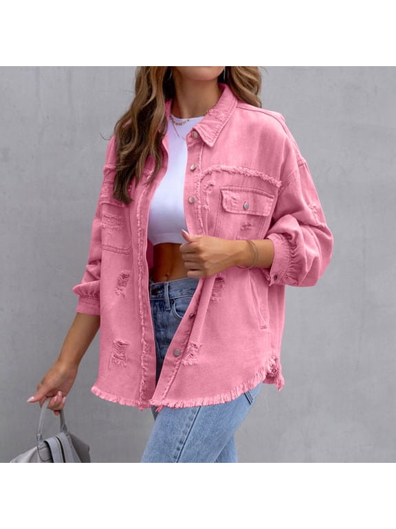 Women's Spring Summer Solid Denim Jacket Frayed Edges Ripped Long Sleeve Lapel Fashion Coat with Buttons