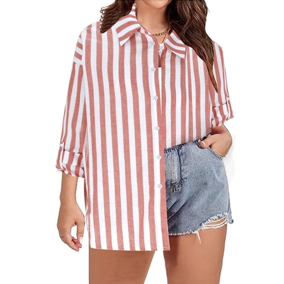 WXLWZYWL Women's Striped Long Sleeve Button Down Shirts with Cuff Links and Adjustable Sleeve Shirts Loose Fit Casual Blouses Trendy Business Tops Dressy Soft Cotton Linen Tops