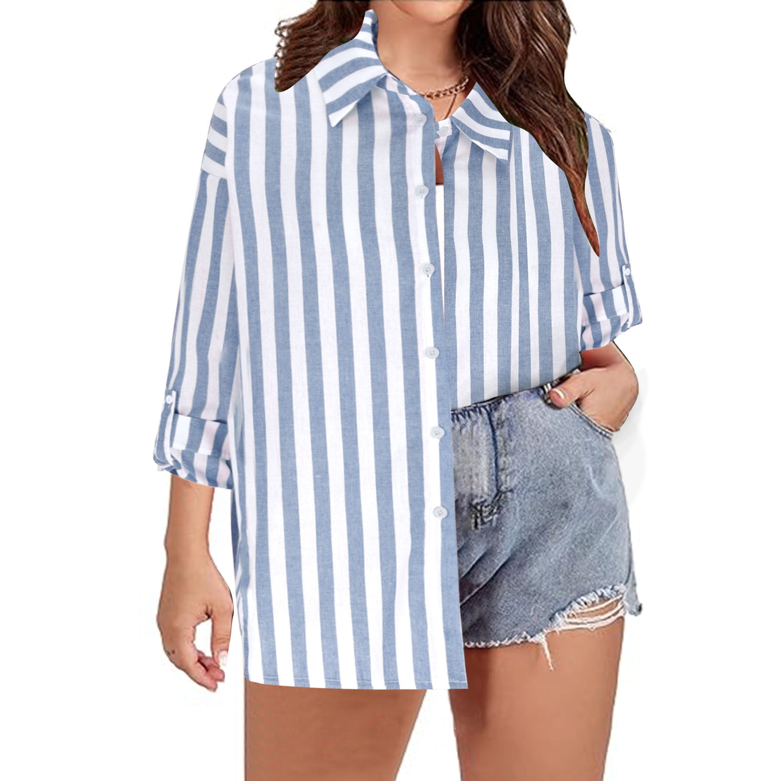 Stripe Button-Down Long Sleeve Shirt Contrast Business Casual Top Loose Blouse