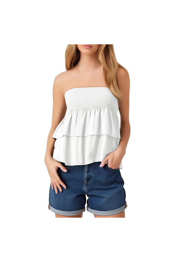 Women's Tiered Ruffle Tube Top Summer Solid Color Strapless Sleeveless Stylish Womens Tops Flowy Comfort Peplum Blouse