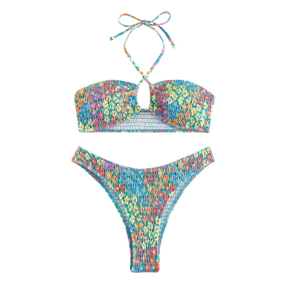 WXLWZYWL Women's Triangle Bikini String Swimsuit Print Tie Smocked Ruched Two Piece Bathing Suit Set