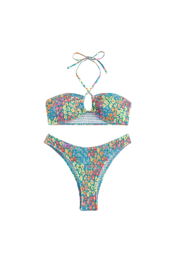 Women's Triangle Bikini String Swimsuit Print Tie Smocked Ruched Two Piece Bathing Suit Set