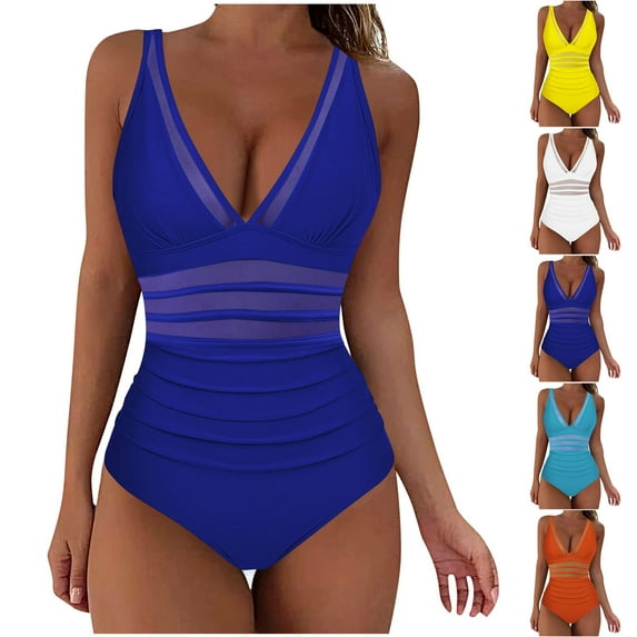 WXLWZYWL Women's Tummy Control Swimsuits Mesh Solid Color Push-Up Padded One Piece Bathing Suits Beachwear