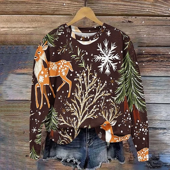 WXLWZYWL Women's Ugly Christmas Sweatshirt Crewneck Funny Graphic Printed Buffalo Plaid Reindeer Shirts Xmas Pullover Top