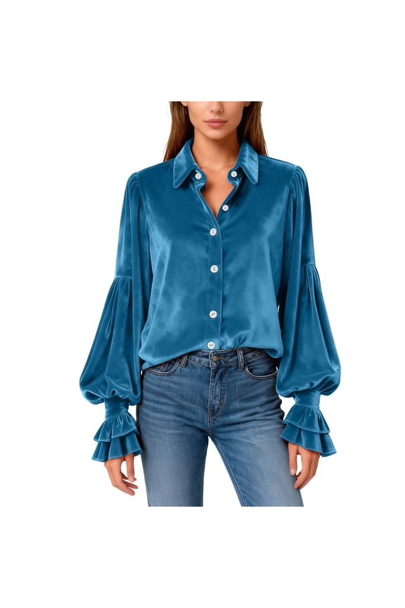 Women's Velour Tops Dressy Casual Long Sleeve Smocked Work Blouses Elegantes Button down Gothic Shirts