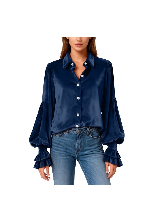 Women's Velour Tops Dressy Casual Long Sleeve Smocked Work Blouses Elegantes Button down Gothic Shirts