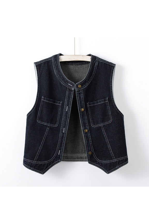 Women's Vintage Denim Vest Jacket Stylish and Versatile Lapel Cardigan Vest Denim Jacket with Buttons